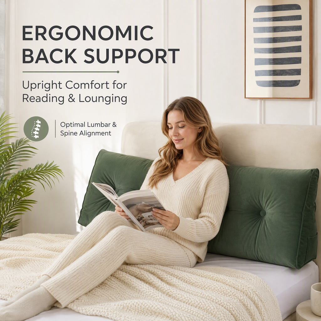 Sage green LIVUCEE backrest pillow behind a seated woman reading, overlaid with ERGONOMIC BACK SUPPORT text.