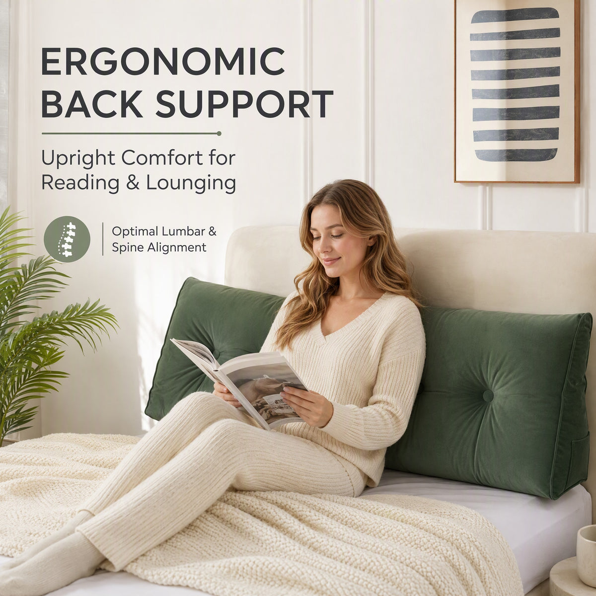 Sage green LIVUCEE backrest pillow behind a seated woman reading, overlaid with ERGONOMIC BACK SUPPORT text.
