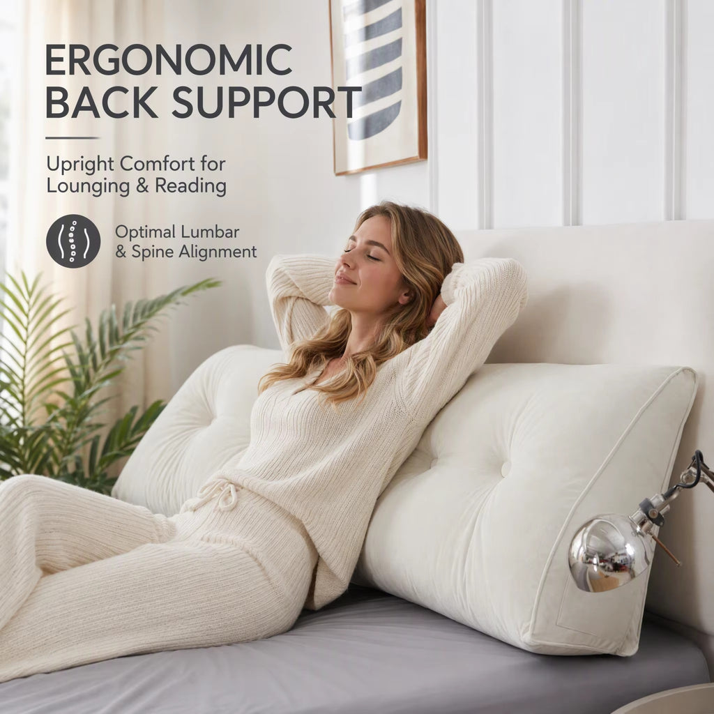 Off-white LIVUCEE backrest pillow behind a woman resting on a bed, overlaid with the words ERGONOMIC BACK SUPPORT.