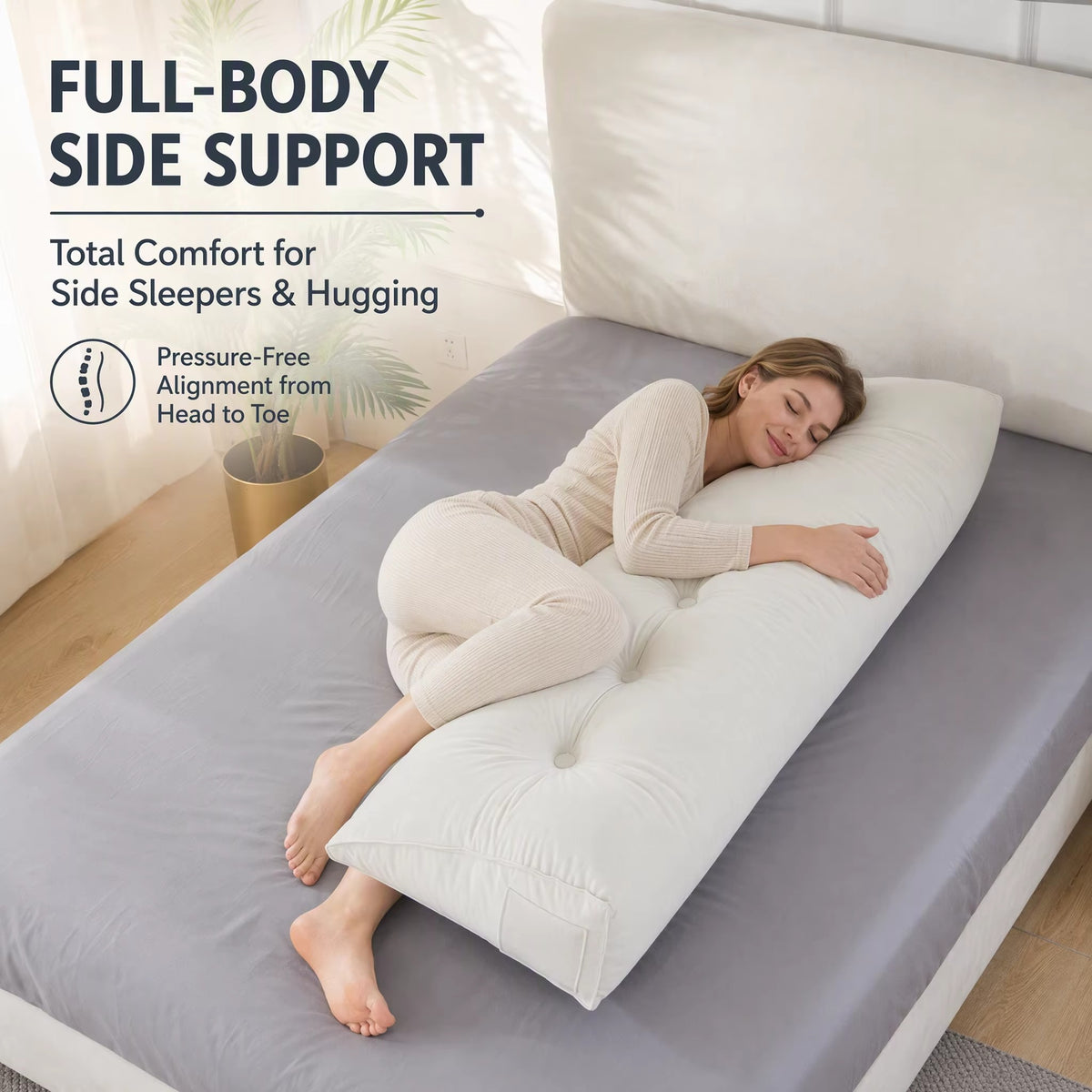 Off-white LIVUCEE backrest pillow used as a body pillow on a bed, overlaid with the words FULL-BODY SIDE SUPPORT.