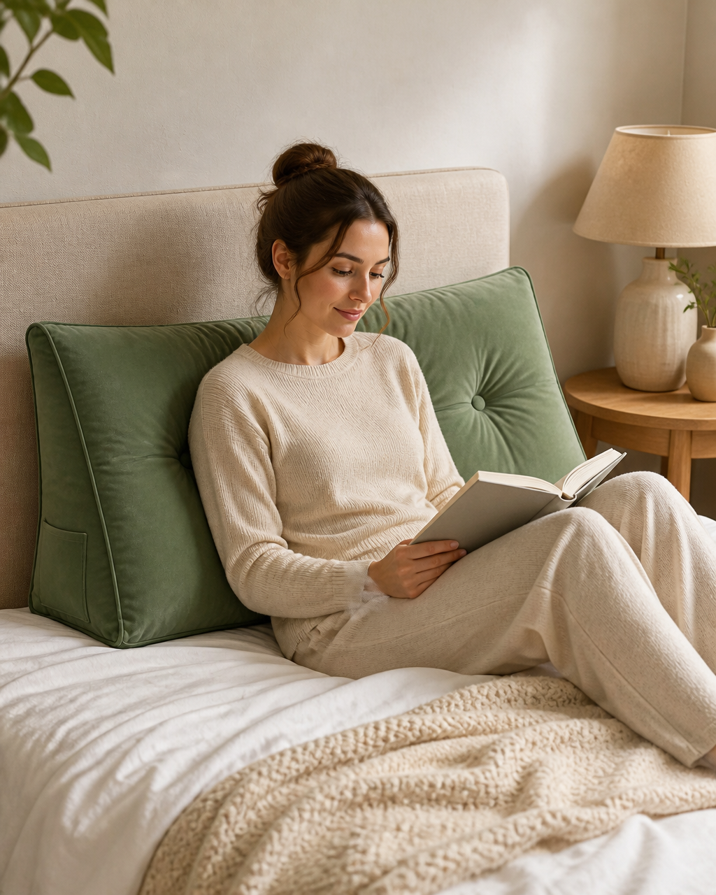 Woman sitting up in bed supported by a sage green LIVUCEE tufted velvet backrest pillow.